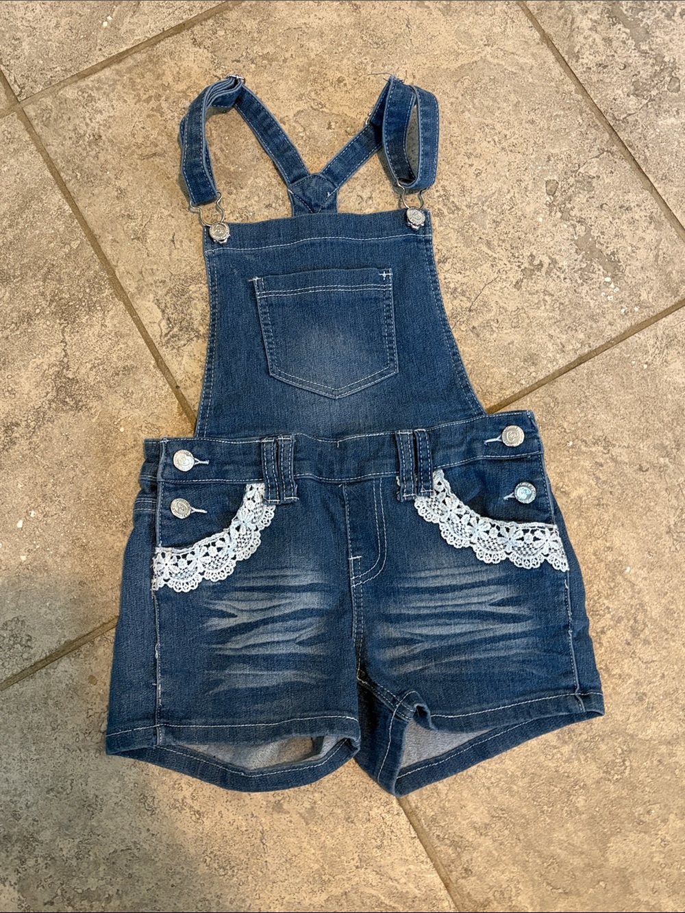 Girls' Denim Short Overalls with Lace Trim - Blue